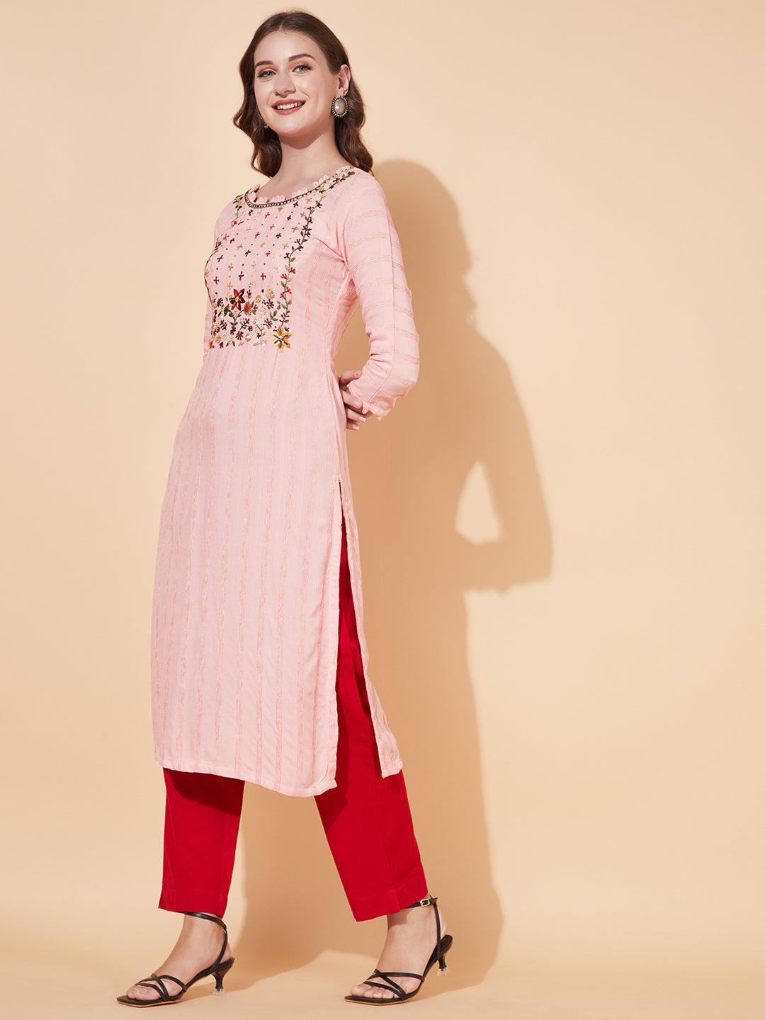 Floral Hand Embroidered Straight Fit Kurta - Baby Pink - Indiakreations