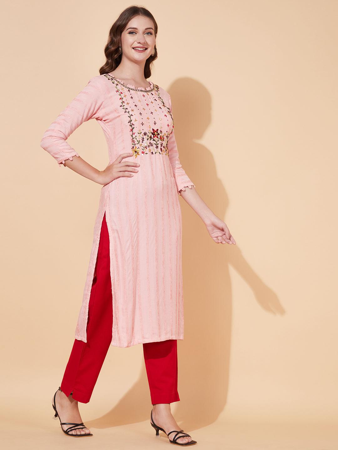 Floral Hand Embroidered Straight Fit Kurta - Baby Pink - Indiakreations