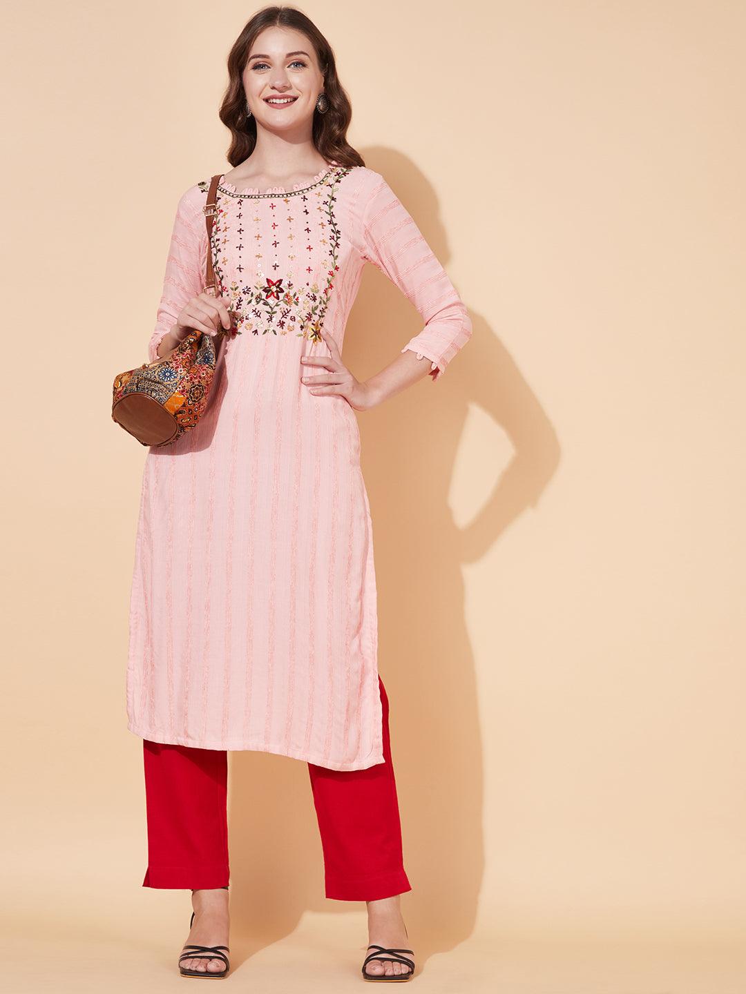 Floral Hand Embroidered Straight Fit Kurta - Baby Pink - Indiakreations