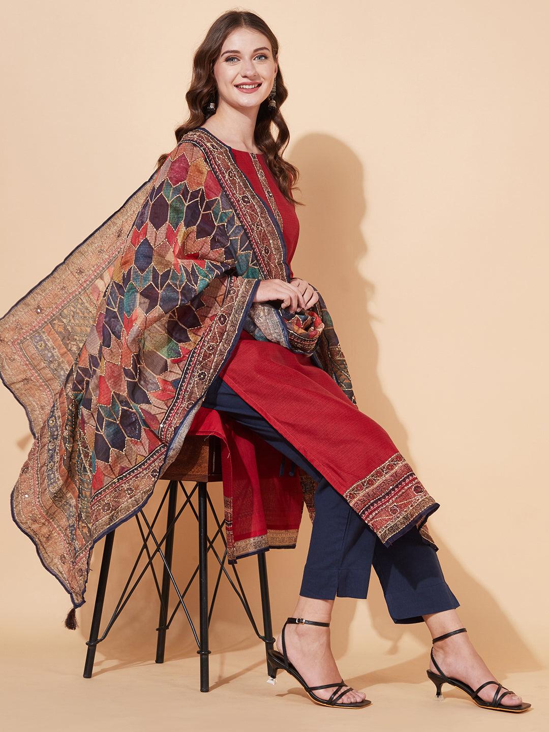 Kantha Hand Embroidered Ethnic Printed Kurta & Dupatta - Red - Indiakreations