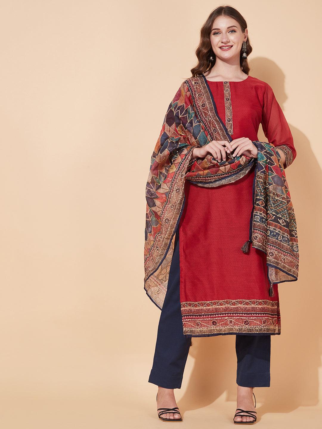 Kantha Hand Embroidered Ethnic Printed Kurta & Dupatta - Red - Indiakreations