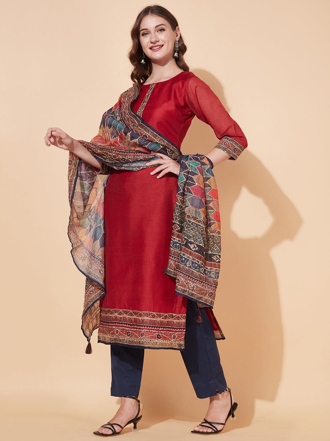 Kantha Hand Embroidered Ethnic Printed Kurta & Dupatta - Red - Indiakreations