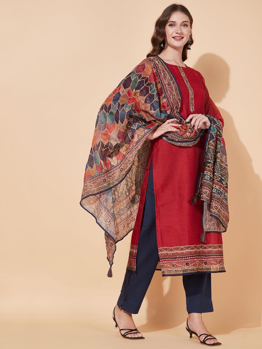 Kantha Hand Embroidered Ethnic Printed Kurta & Dupatta - Red - Indiakreations