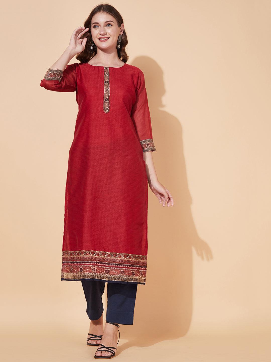 Kantha Hand Embroidered Ethnic Printed Kurta & Dupatta - Red - Indiakreations