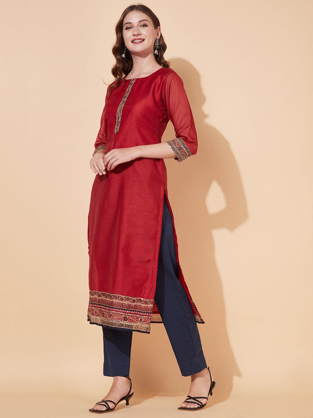 Kantha Hand Embroidered Ethnic Printed Kurta & Dupatta - Red - Indiakreations