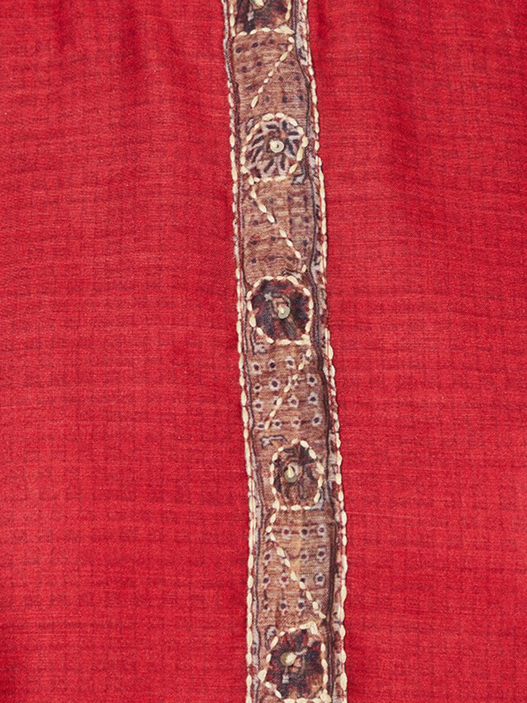 Kantha Hand Embroidered Ethnic Printed Kurta & Dupatta - Red - Indiakreations