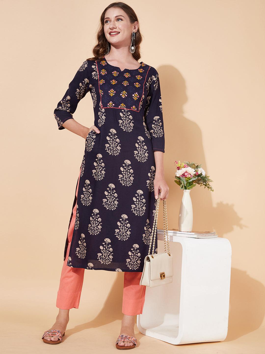 Ethnic Printed & Hand Embroidered Straight Fit Kurta - Deep Navy Blue - Indiakreations