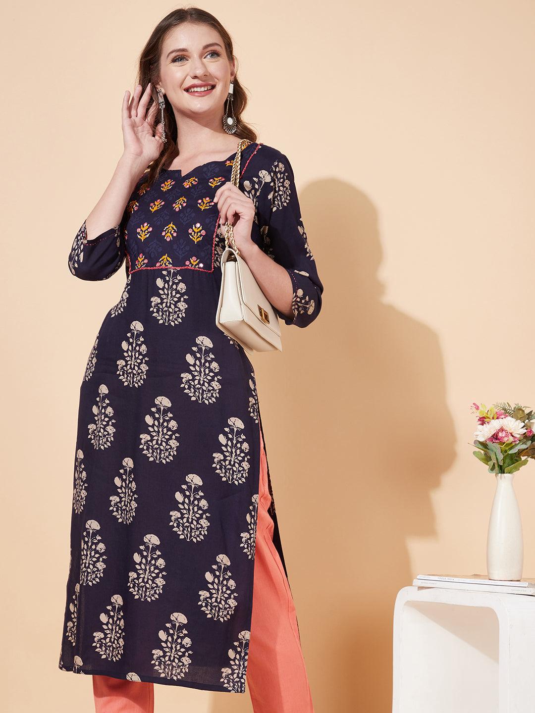 Ethnic Printed & Hand Embroidered Straight Fit Kurta - Deep Navy Blue - Indiakreations