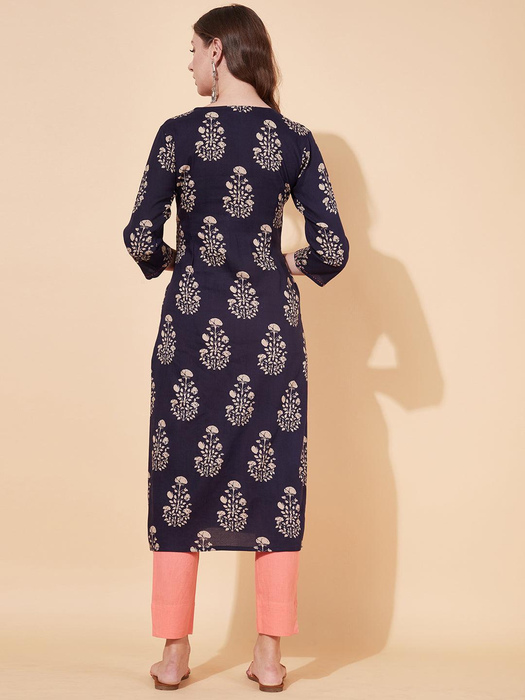 Ethnic Printed & Hand Embroidered Straight Fit Kurta - Deep Navy Blue - Indiakreations