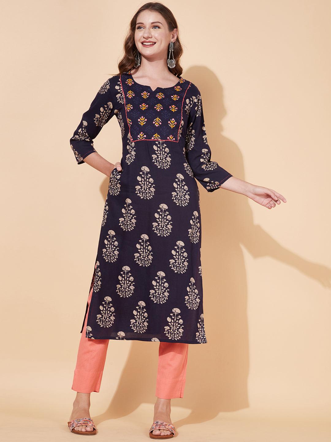 Ethnic Printed & Hand Embroidered Straight Fit Kurta - Deep Navy Blue - Indiakreations