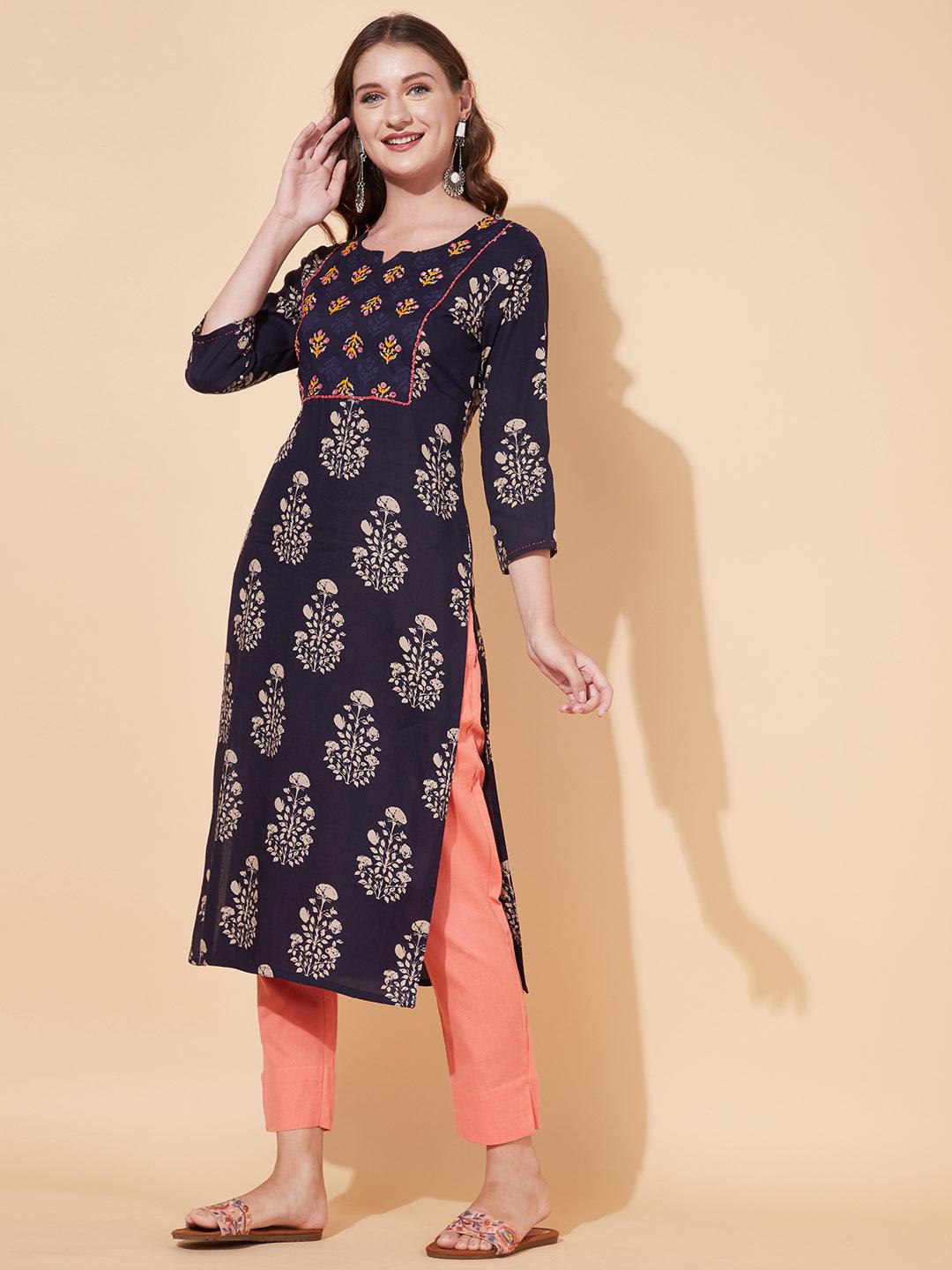 Ethnic Printed & Hand Embroidered Straight Fit Kurta - Deep Navy Blue - Indiakreations