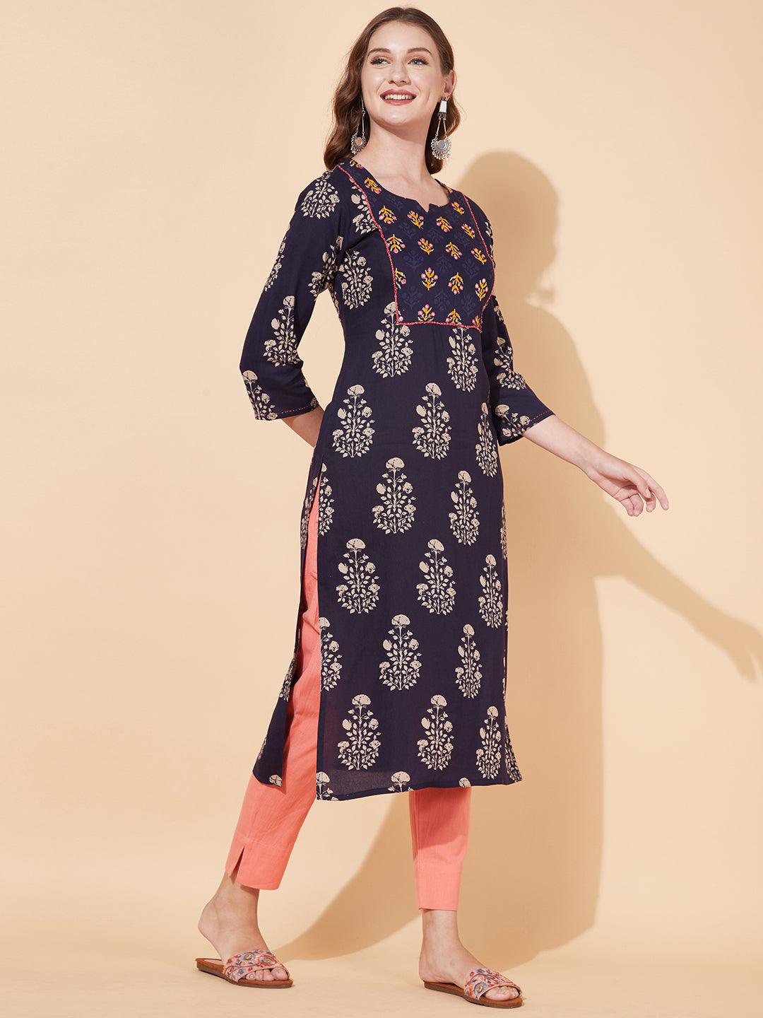 Ethnic Printed & Hand Embroidered Straight Fit Kurta - Deep Navy Blue - Indiakreations