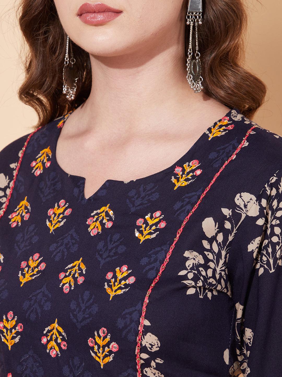 Ethnic Printed & Hand Embroidered Straight Fit Kurta - Deep Navy Blue - Indiakreations