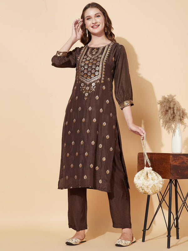 Ethnic Woven Straight Fit Kurta with Pants - Dark Brown - Indiakreations