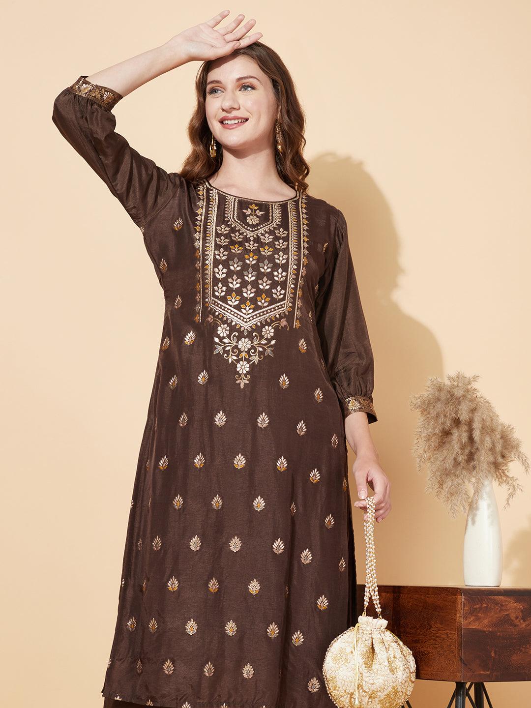 Ethnic Woven Straight Fit Kurta with Pants - Dark Brown - Indiakreations