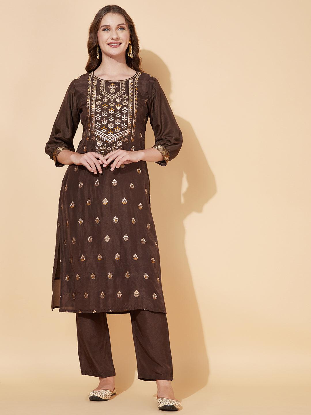 Ethnic Woven Straight Fit Kurta with Pants - Dark Brown - Indiakreations