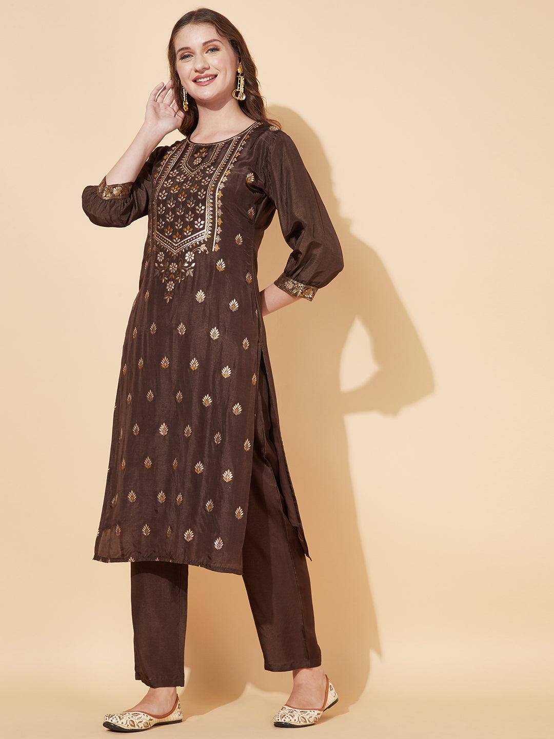 Ethnic Woven Straight Fit Kurta with Pants - Dark Brown - Indiakreations