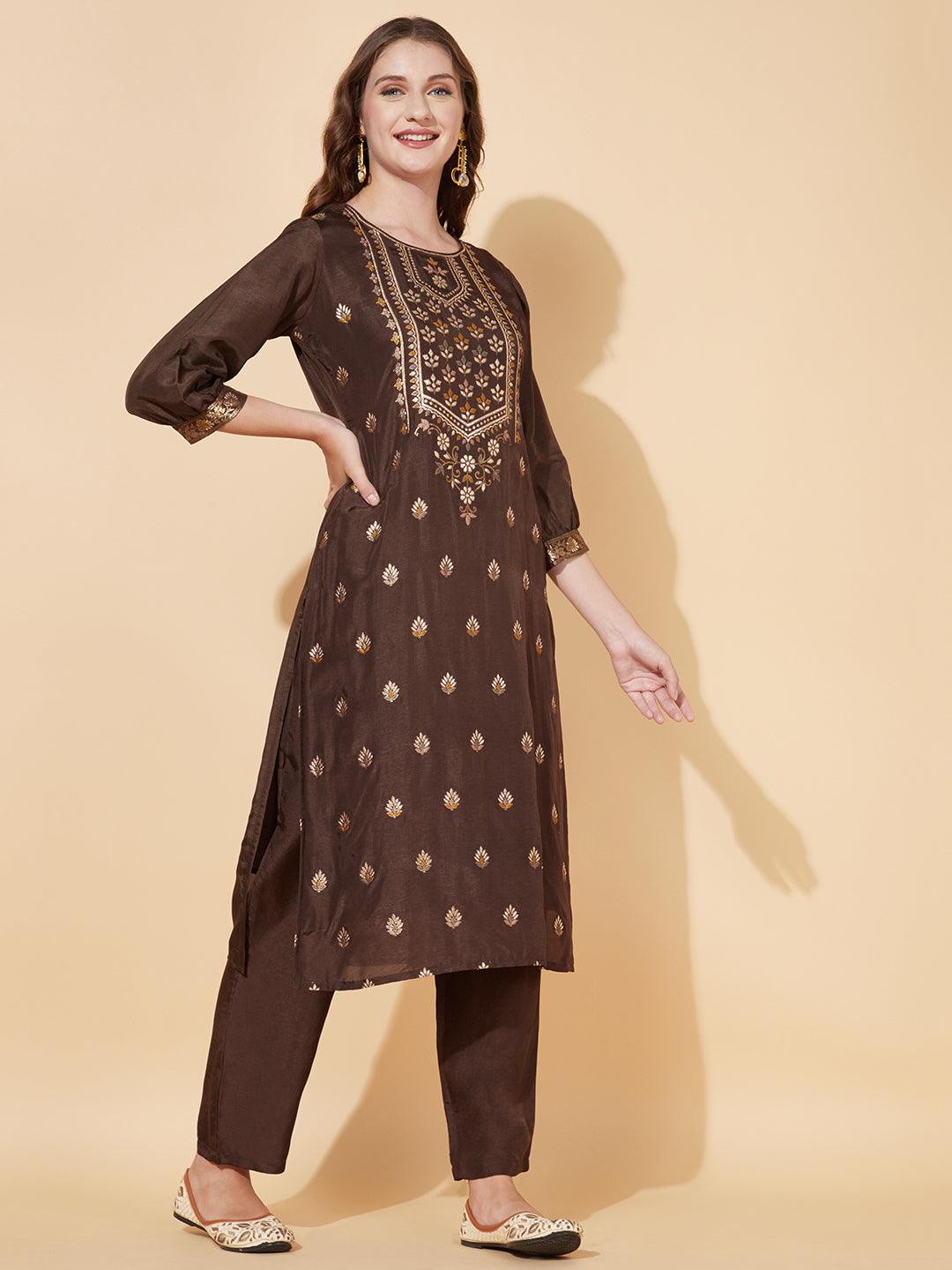 Ethnic Woven Straight Fit Kurta with Pants - Dark Brown - Indiakreations