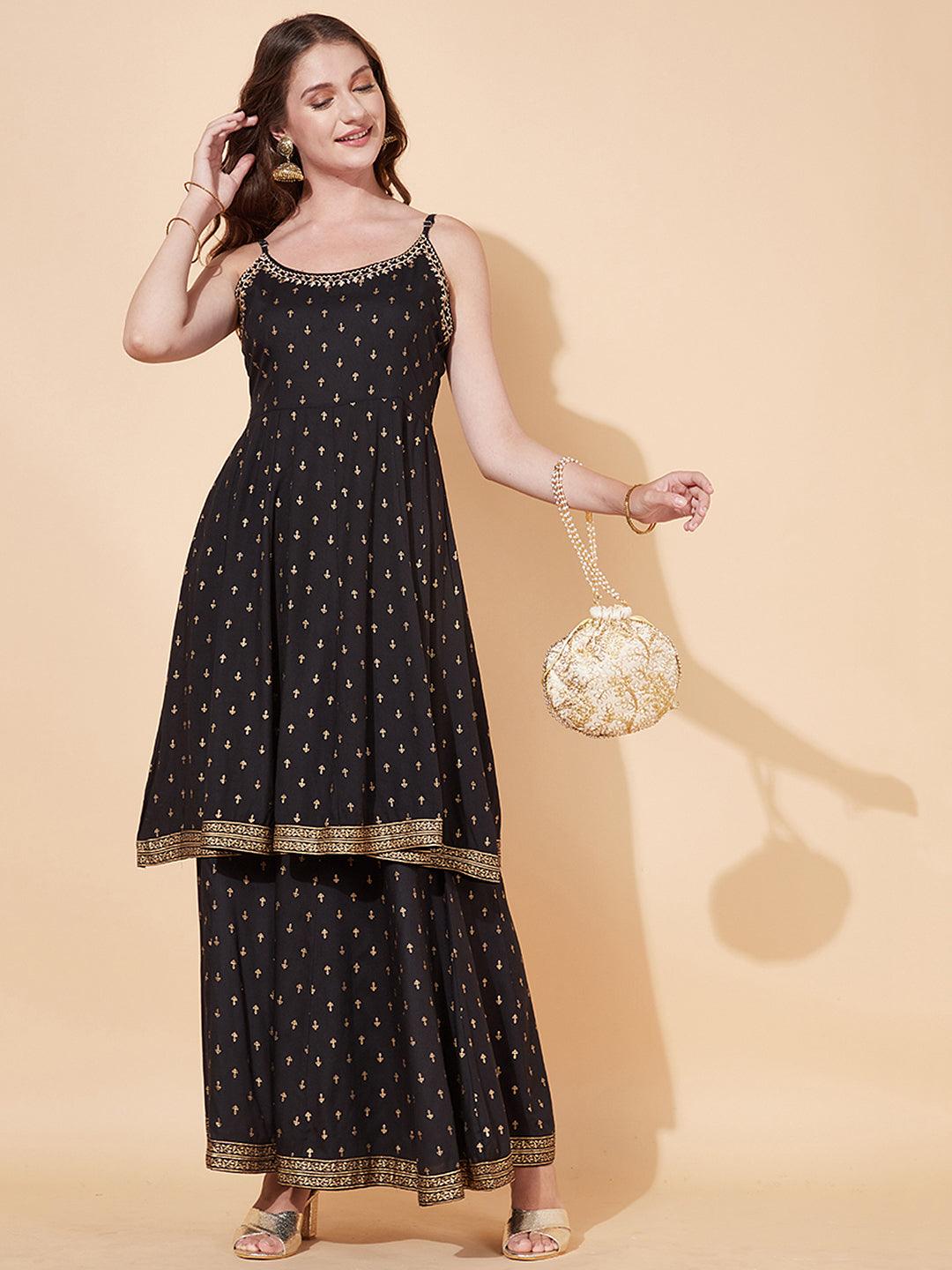 Ethnic Printed & Embroidered Anarkali Flared Kurta with Palazzo - Black - Indiakreations