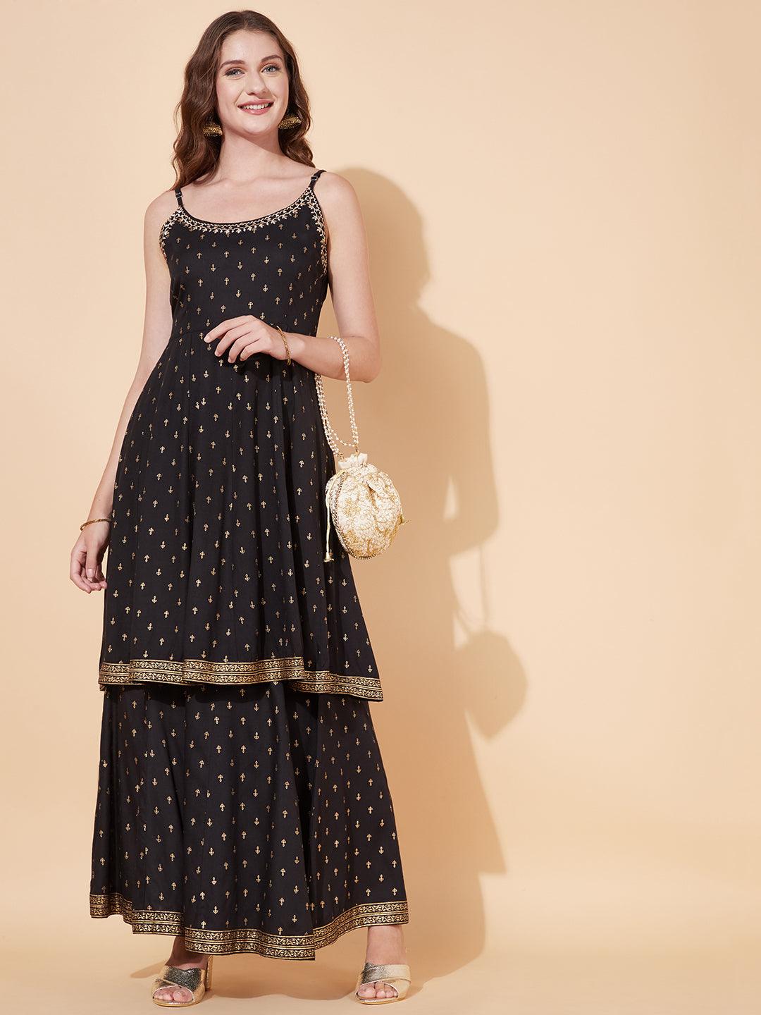 Ethnic Printed & Embroidered Anarkali Flared Kurta with Palazzo - Black - Indiakreations