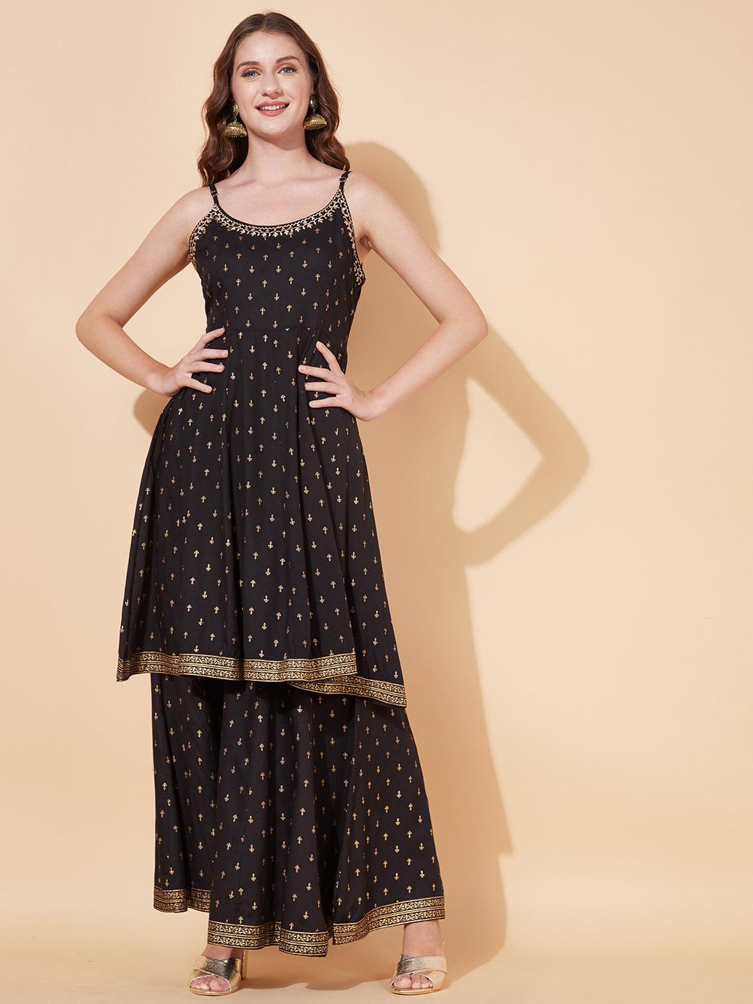 Ethnic Printed & Embroidered Anarkali Flared Kurta with Palazzo - Black - Indiakreations