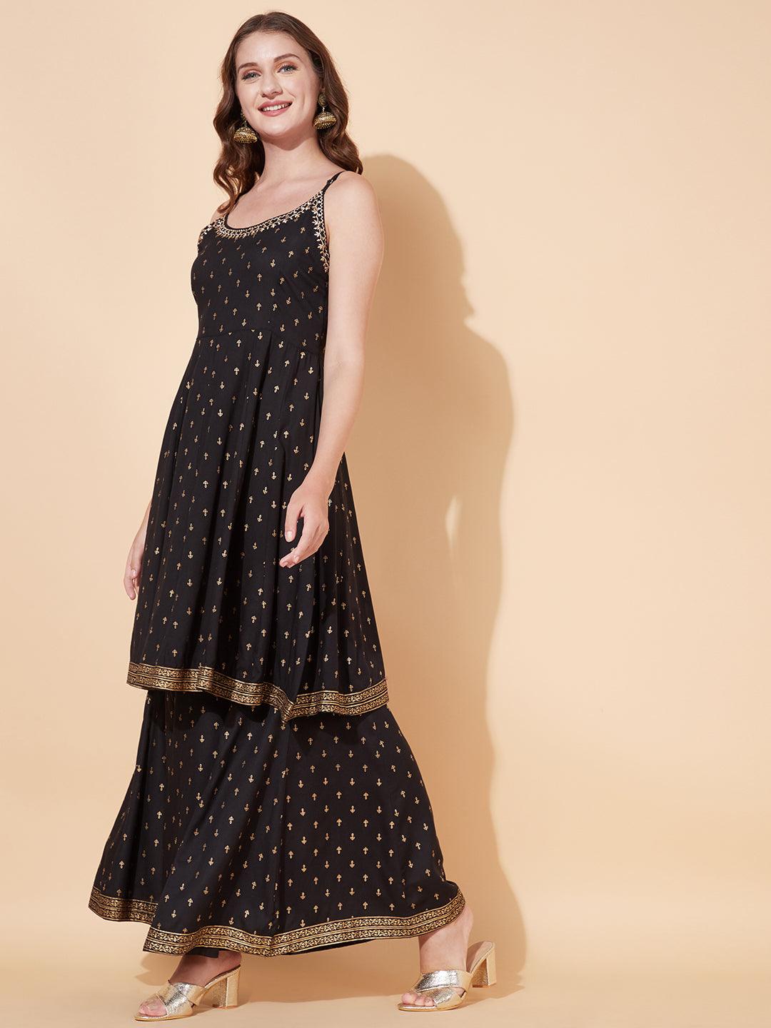 Ethnic Printed & Embroidered Anarkali Flared Kurta with Palazzo - Black - Indiakreations