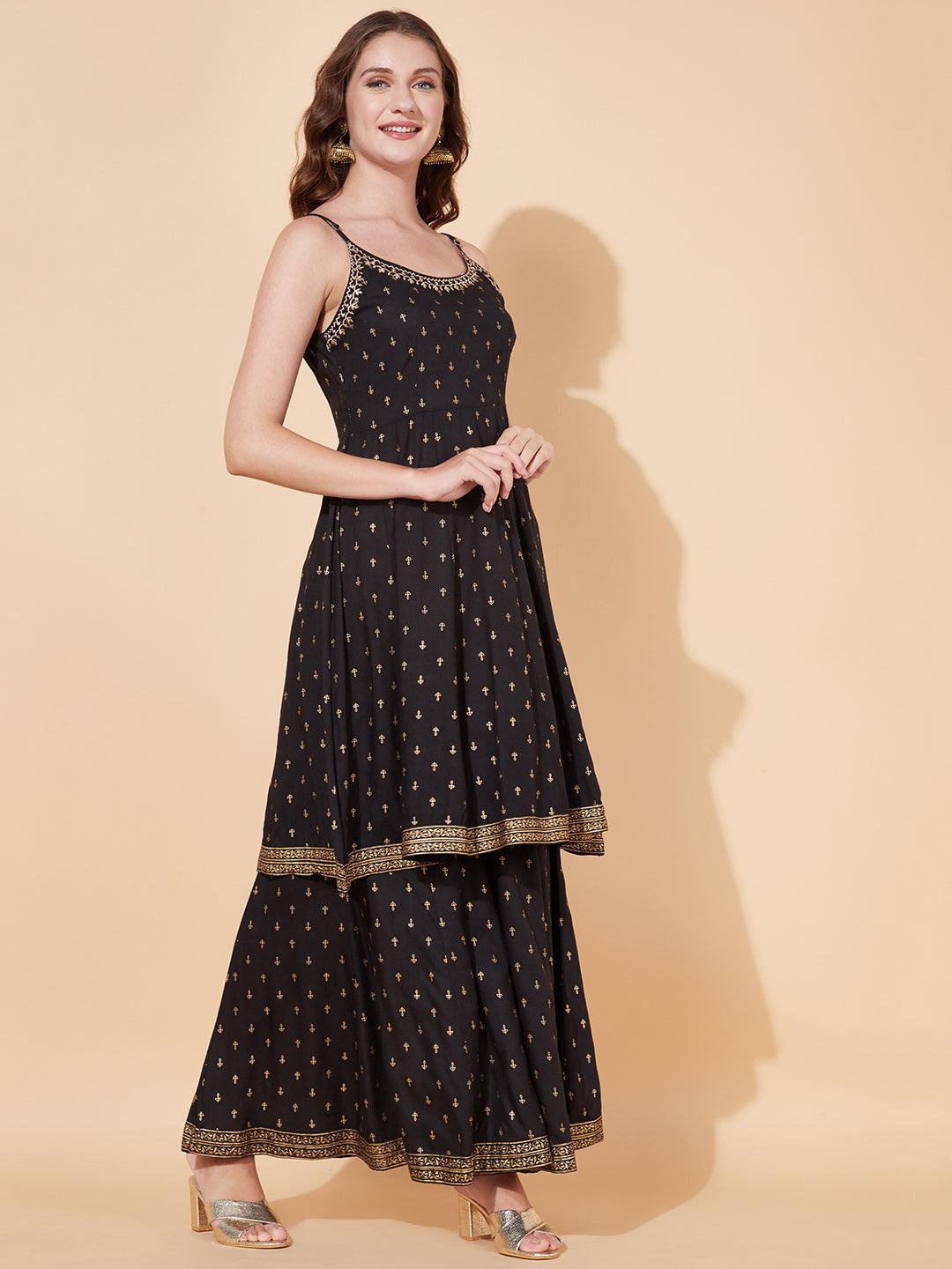 Ethnic Printed & Embroidered Anarkali Flared Kurta with Palazzo - Black - Indiakreations