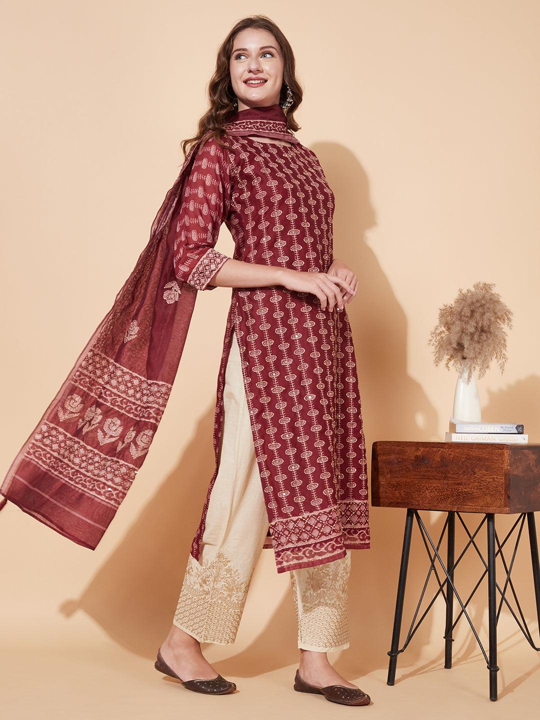 Kantha Hand Embroidered Ethnic Printed Kurta & Dupatta - Burgundy - Indiakreations