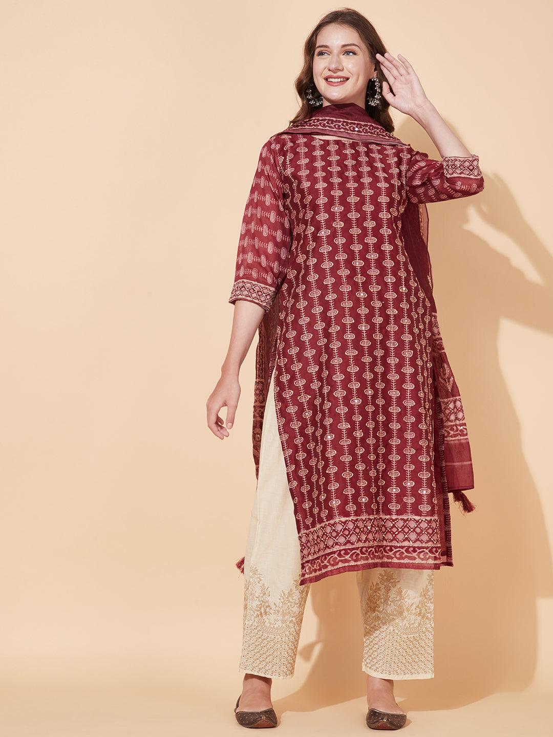 Kantha Hand Embroidered Ethnic Printed Kurta & Dupatta - Burgundy - Indiakreations