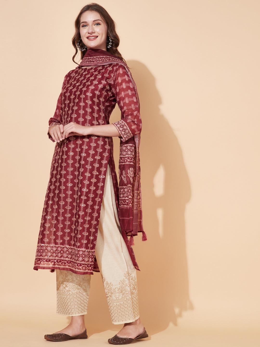 Kantha Hand Embroidered Ethnic Printed Kurta & Dupatta - Burgundy - Indiakreations