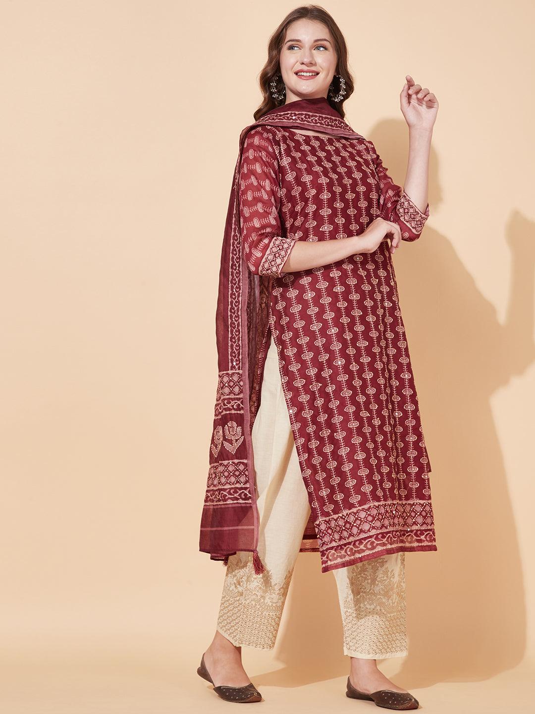 Kantha Hand Embroidered Ethnic Printed Kurta & Dupatta - Burgundy - Indiakreations