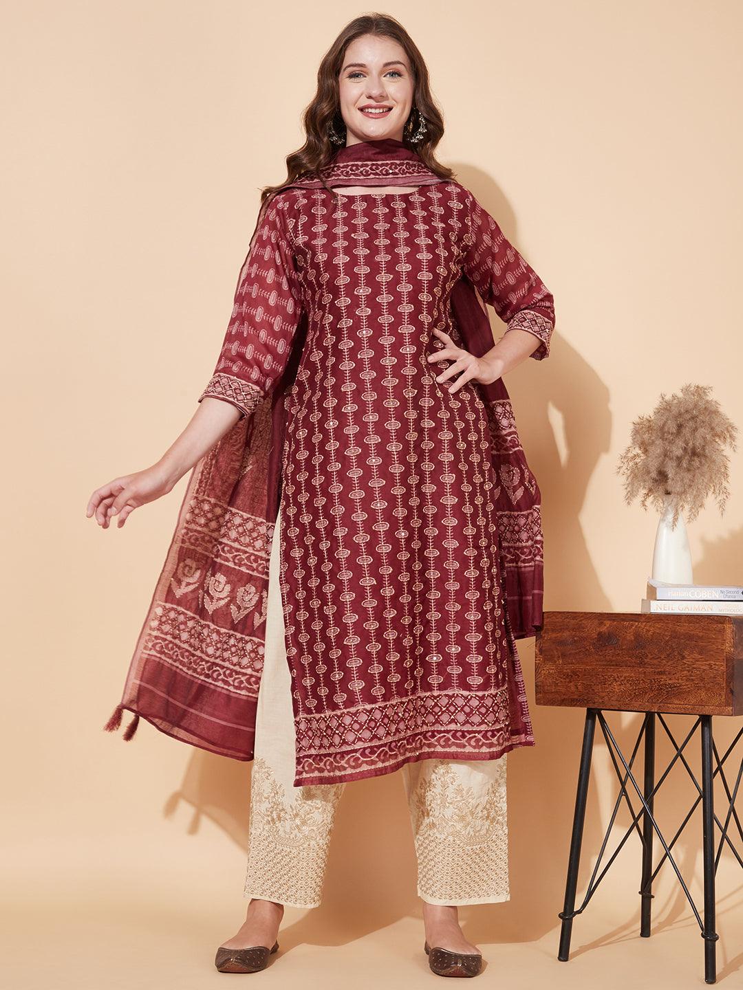 Kantha Hand Embroidered Ethnic Printed Kurta & Dupatta - Burgundy - Indiakreations