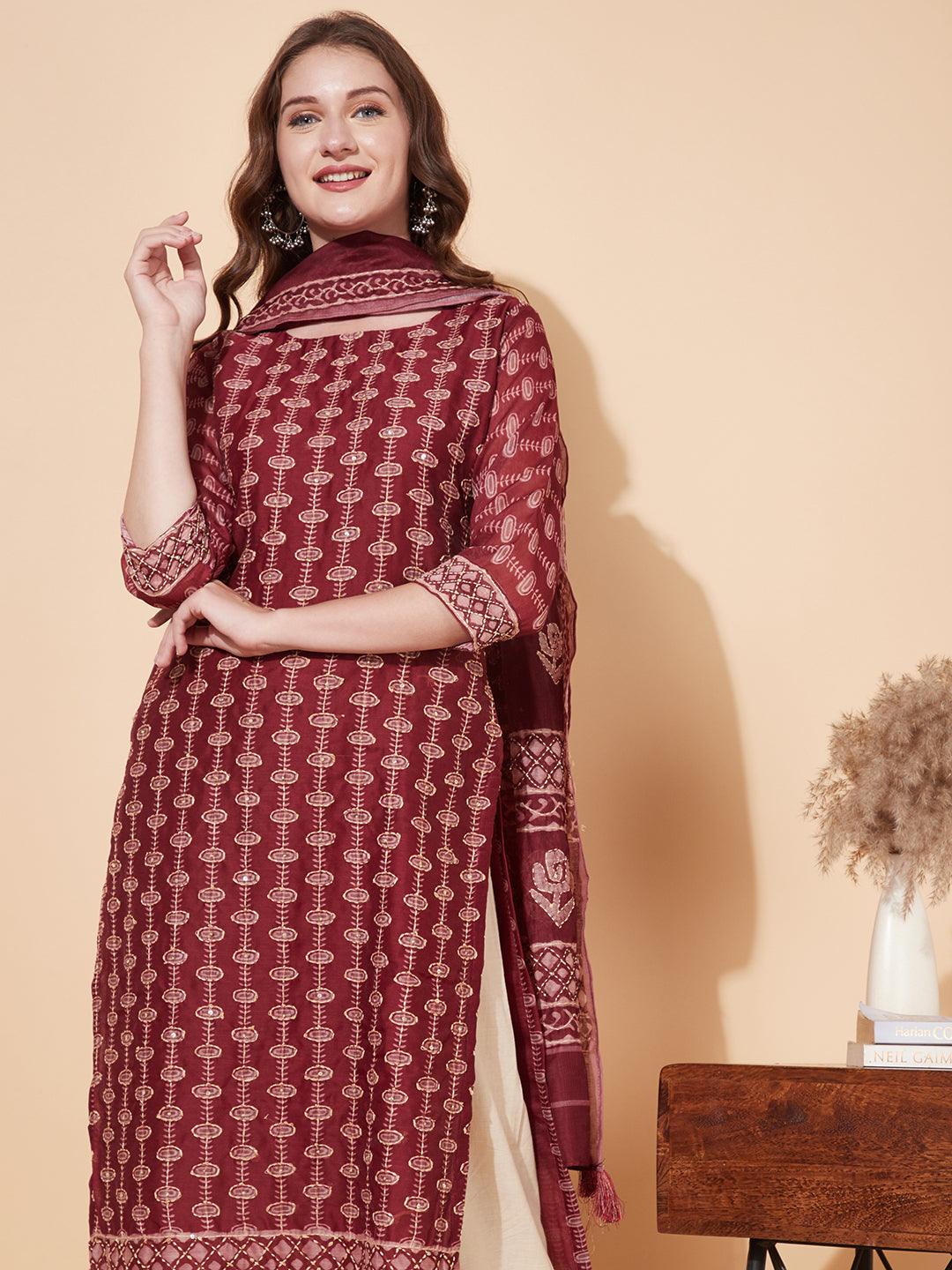 Kantha Hand Embroidered Ethnic Printed Kurta & Dupatta - Burgundy - Indiakreations