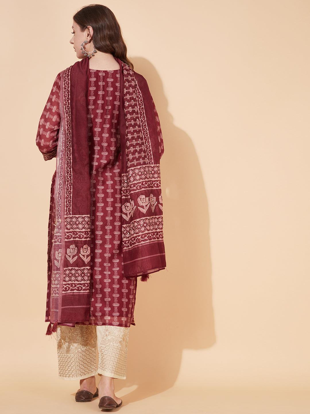 Kantha Hand Embroidered Ethnic Printed Kurta & Dupatta - Burgundy - Indiakreations