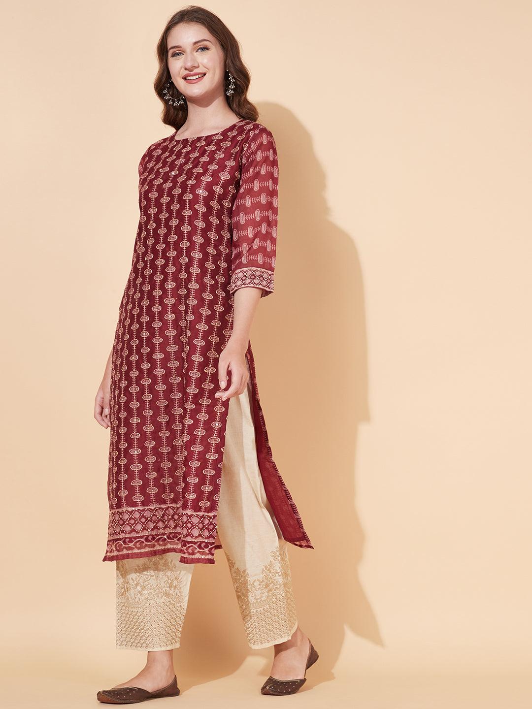 Kantha Hand Embroidered Ethnic Printed Kurta & Dupatta - Burgundy - Indiakreations