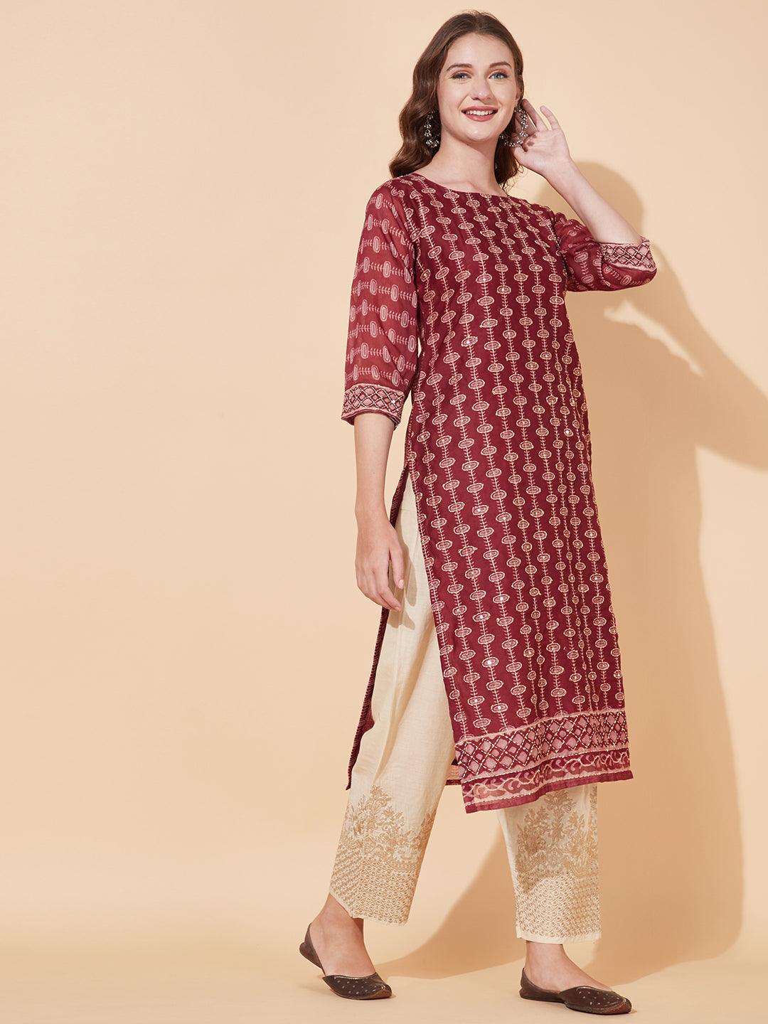 Kantha Hand Embroidered Ethnic Printed Kurta & Dupatta - Burgundy - Indiakreations