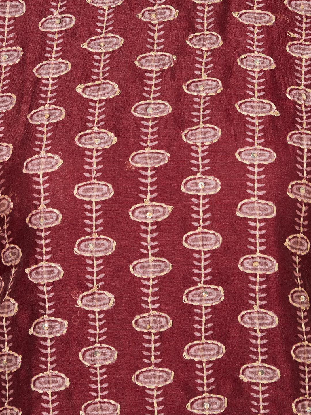 Kantha Hand Embroidered Ethnic Printed Kurta & Dupatta - Burgundy - Indiakreations