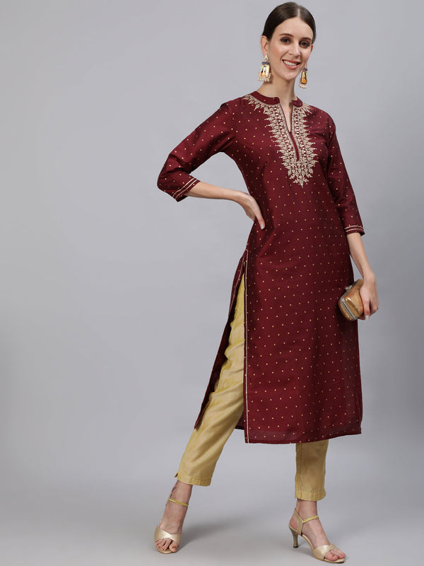 Anubhutee Women Maroon  Gold-Toned Ethnic Motifs Chanderi Silk Kurta