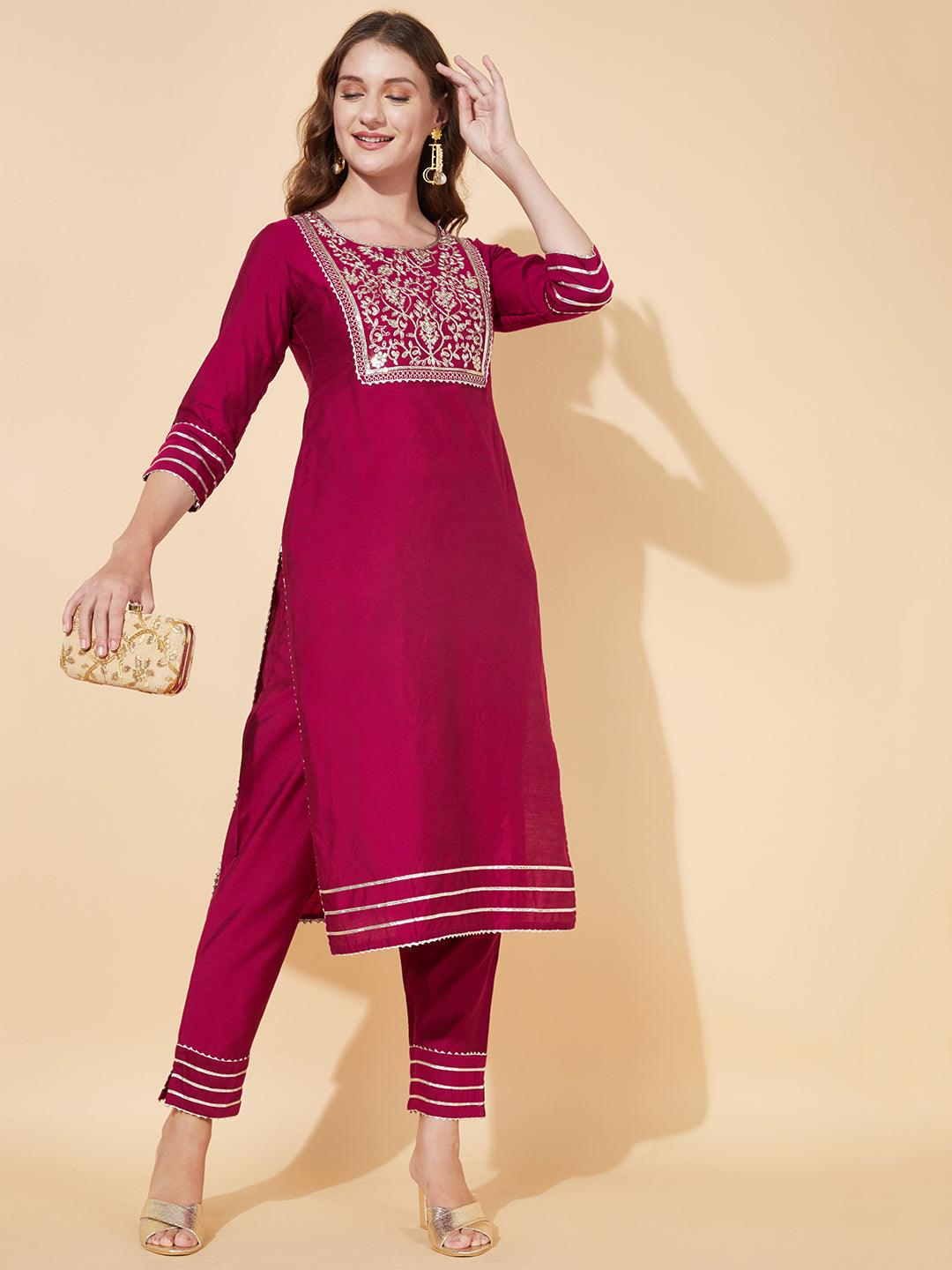 Solid Floral Embroidered Straight Fit Kurta with Pant - Magenta - Indiakreations