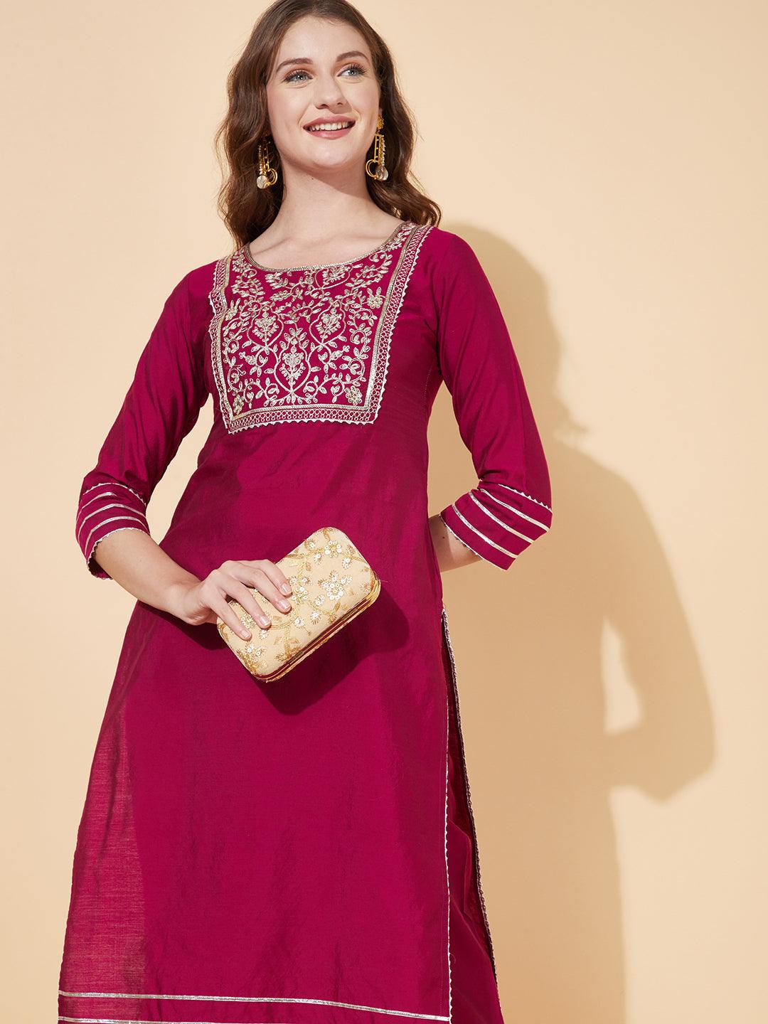 Solid Floral Embroidered Straight Fit Kurta with Pant - Magenta - Indiakreations