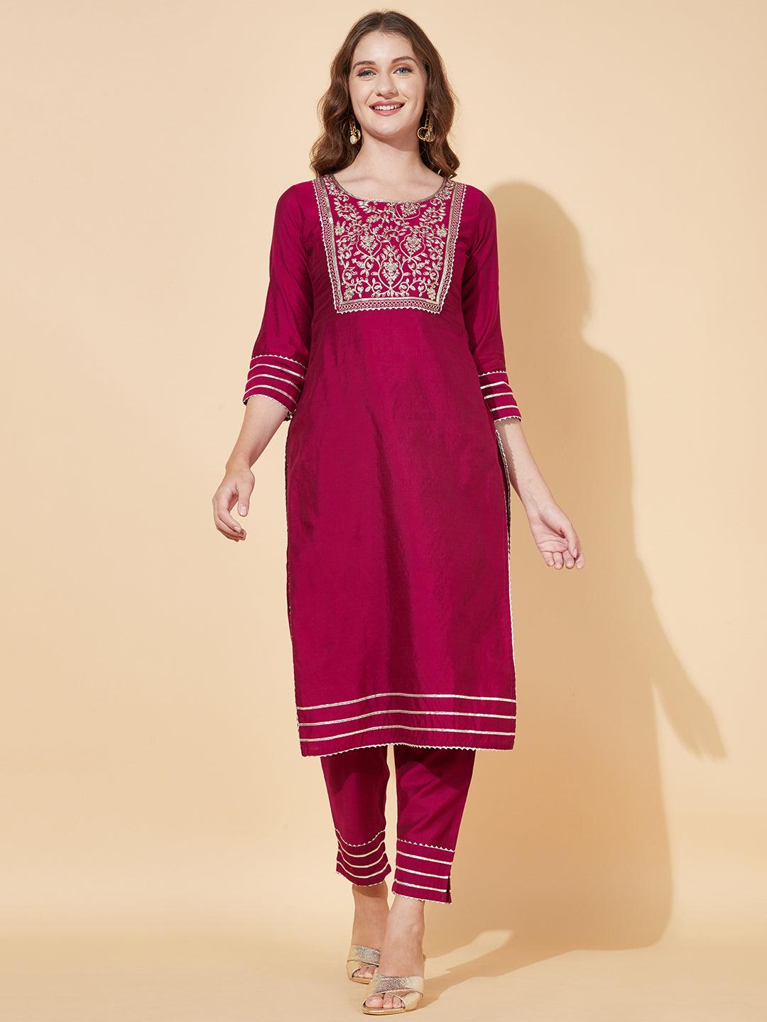 Solid Floral Embroidered Straight Fit Kurta with Pant - Magenta - Indiakreations