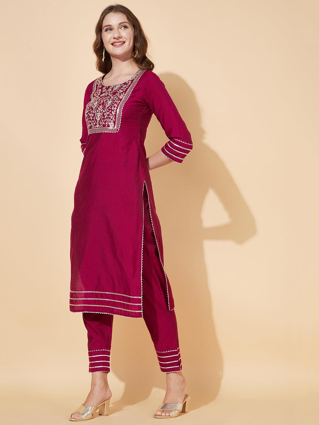 Solid Floral Embroidered Straight Fit Kurta with Pant - Magenta - Indiakreations