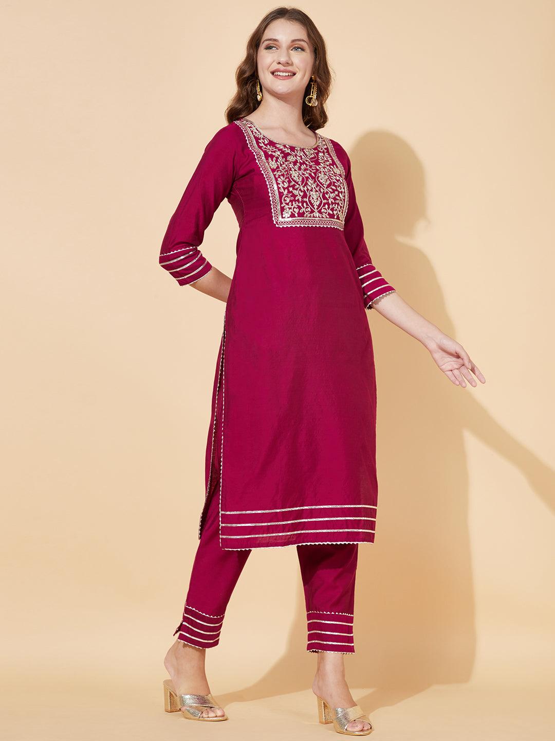 Solid Floral Embroidered Straight Fit Kurta with Pant - Magenta - Indiakreations