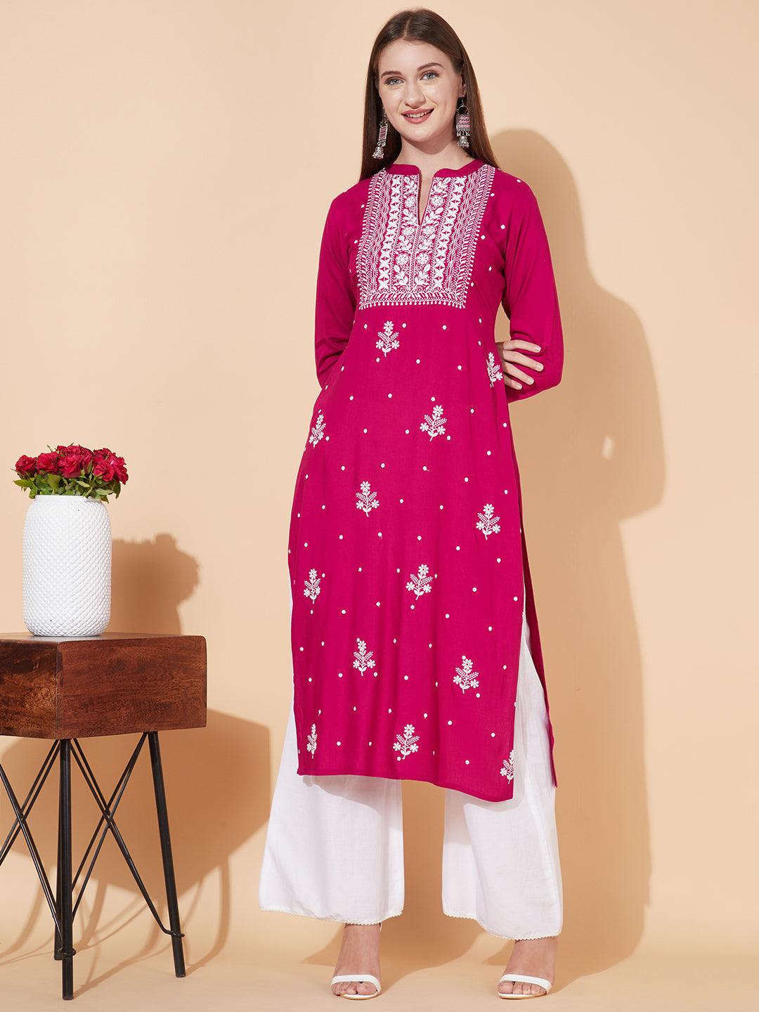 Floral Chikankari Embroidered Straight Fit Kurta - Magenta Pink - Indiakreations