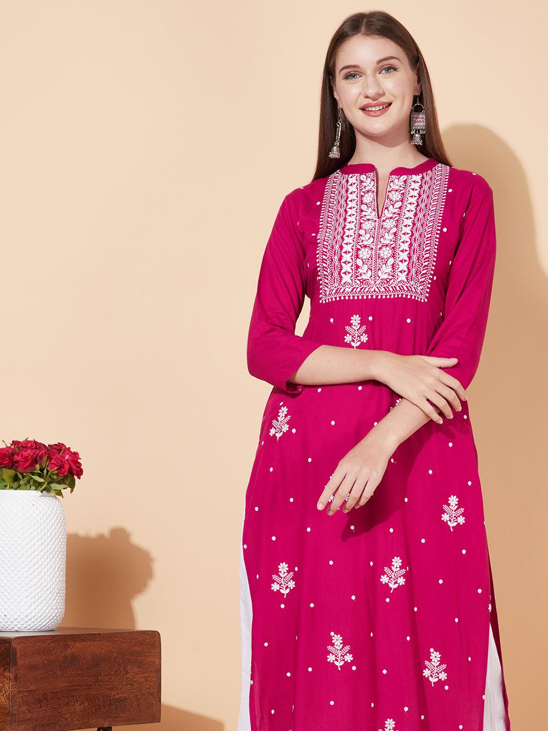 Floral Chikankari Embroidered Straight Fit Kurta - Magenta Pink - Indiakreations