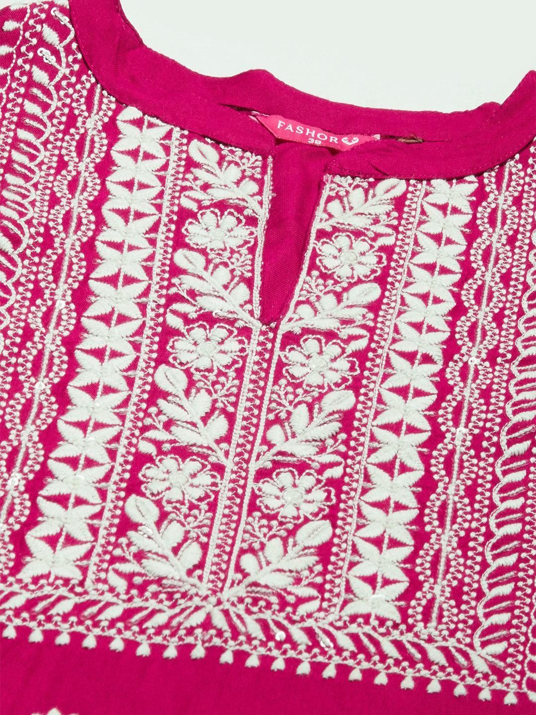 Floral Chikankari Embroidered Straight Fit Kurta - Magenta Pink - Indiakreations