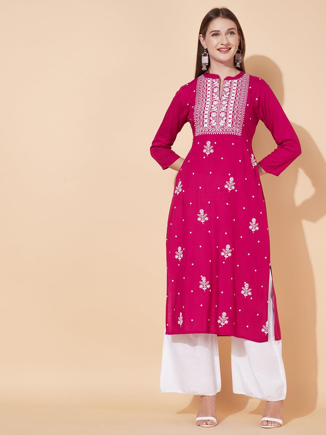 Floral Chikankari Embroidered Straight Fit Kurta - Magenta Pink - Indiakreations