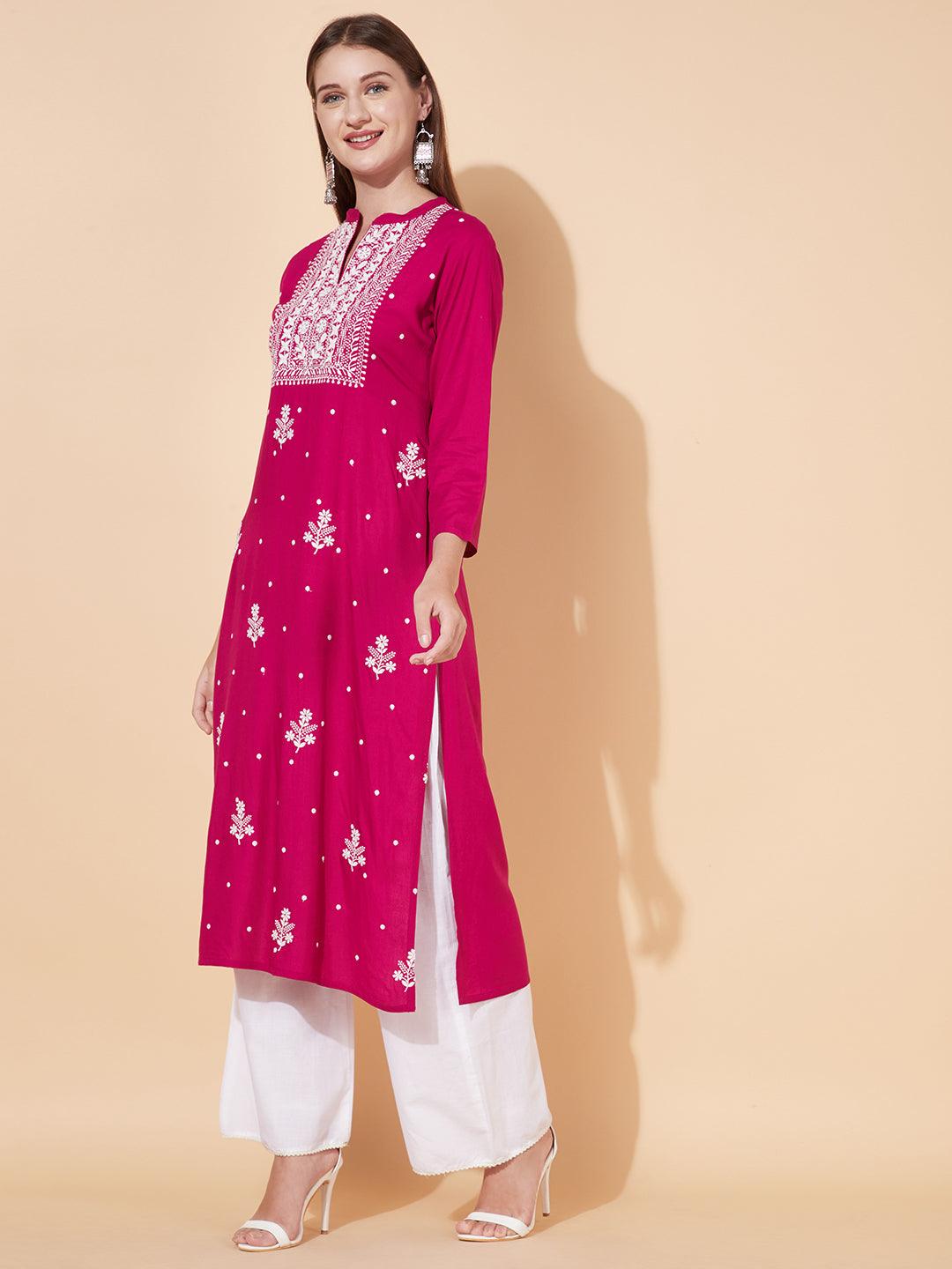 Floral Chikankari Embroidered Straight Fit Kurta - Magenta Pink - Indiakreations