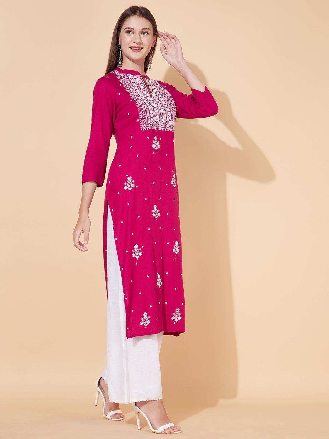 Floral Chikankari Embroidered Straight Fit Kurta - Magenta Pink - Indiakreations