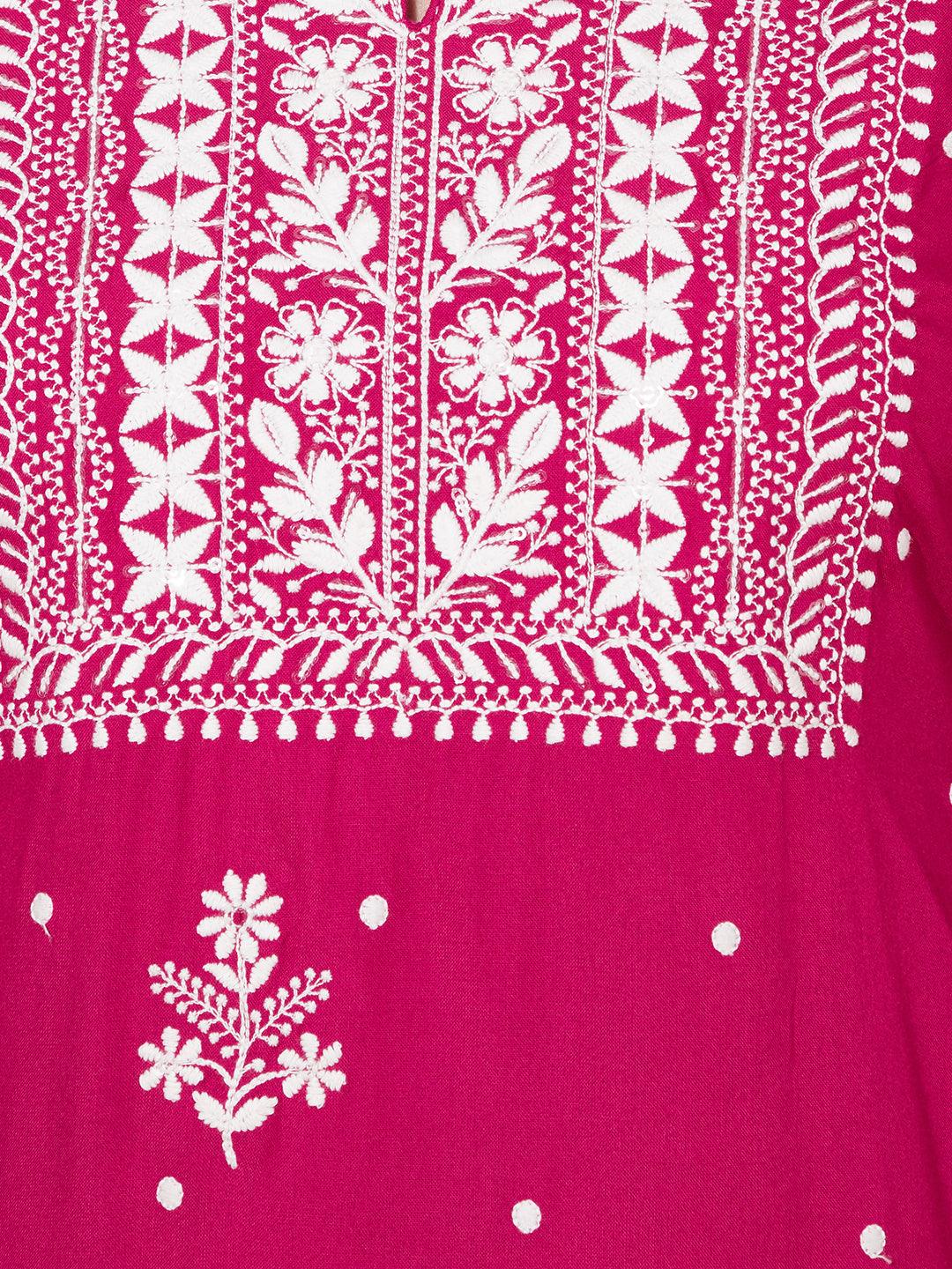 Floral Chikankari Embroidered Straight Fit Kurta - Magenta Pink - Indiakreations